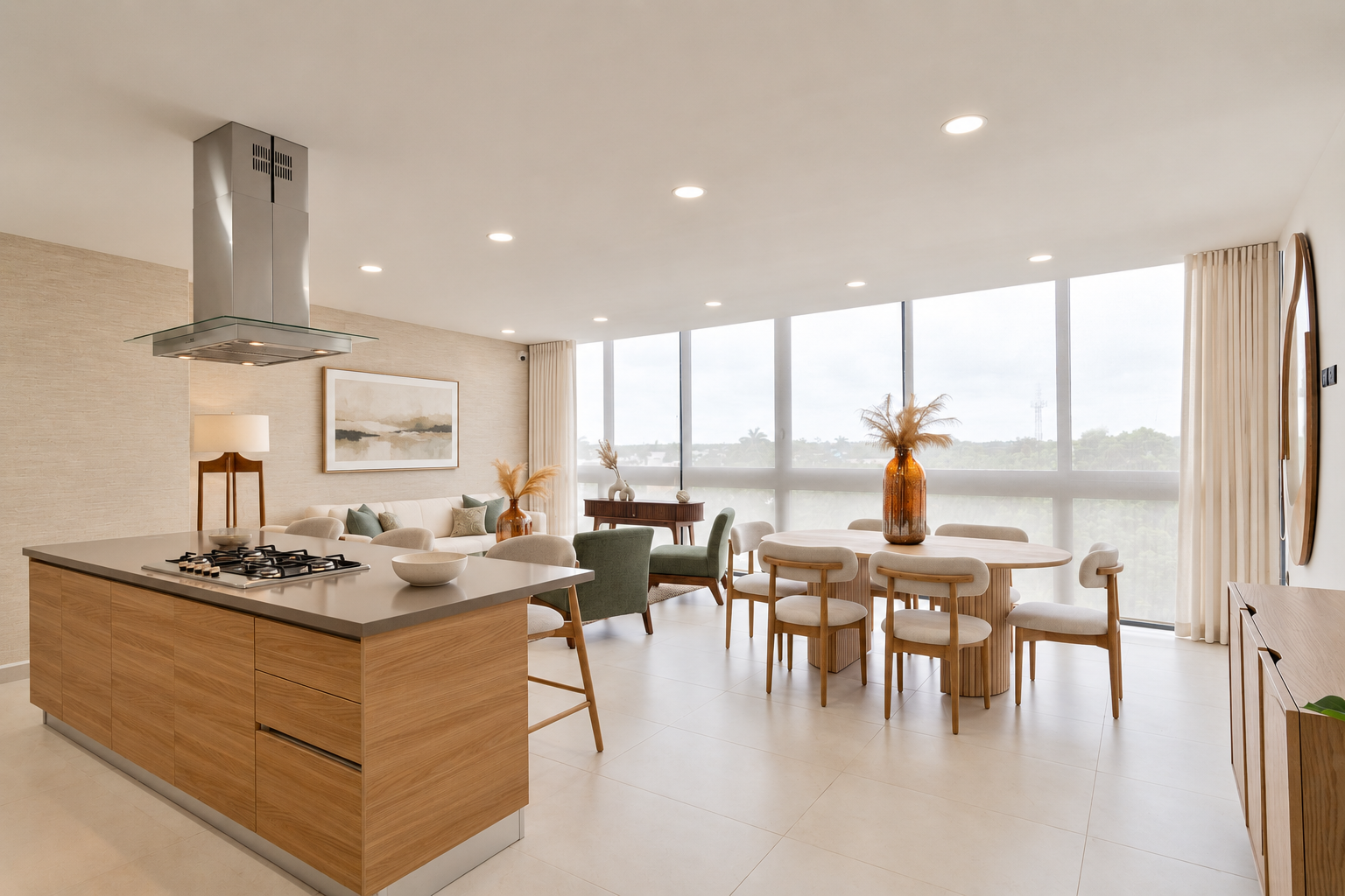 Open kitchen, living and dining area with large windows