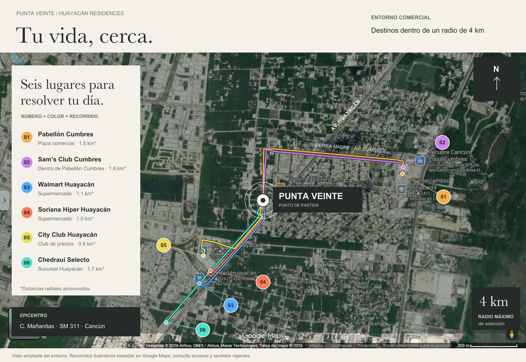 PUNTA VEINTE map with six nearby destinations and numbered routes