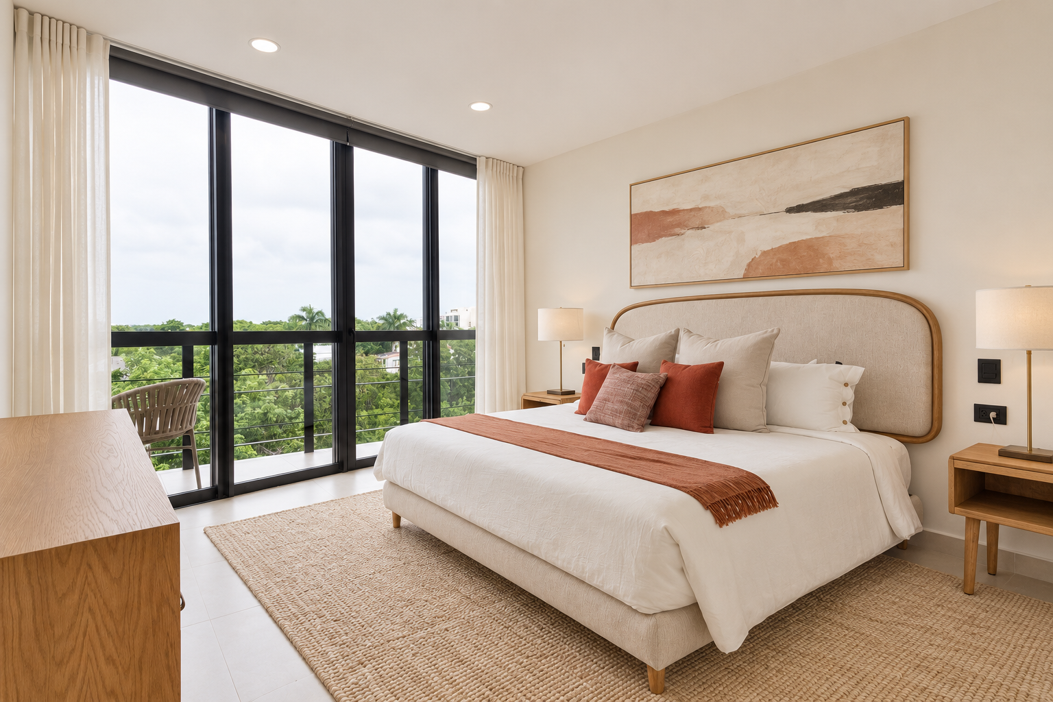 Primary bedroom with large windows and balcony